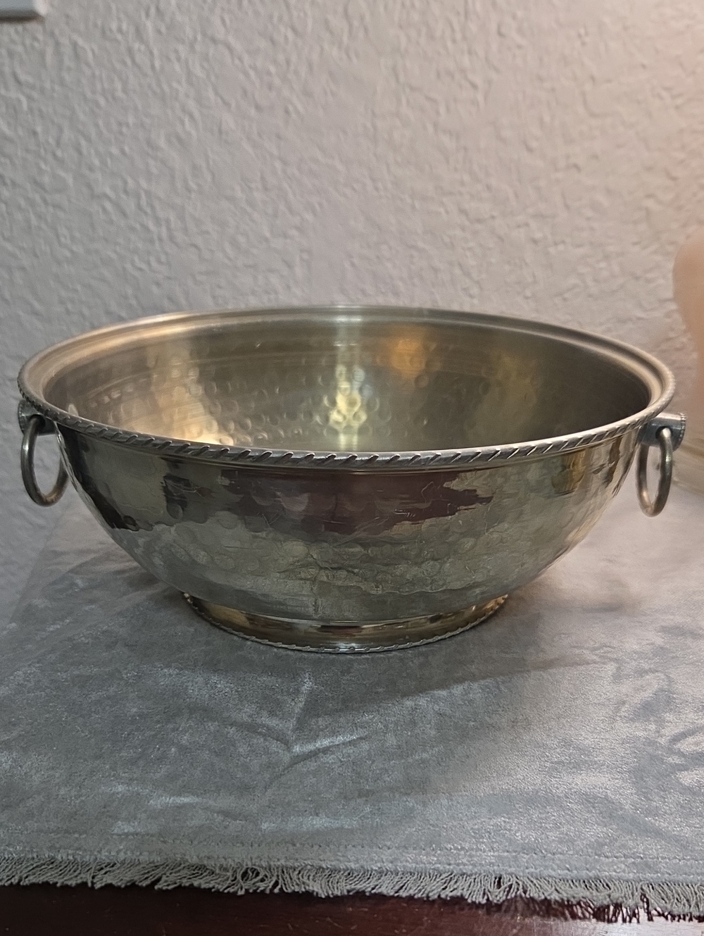 Vintage Hammered Serving Bowl with Ring Handles Footed Base